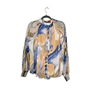 Zesica Womens NWT Button Up Blouse Top Size Large Blue Yellow Feminine Coquette